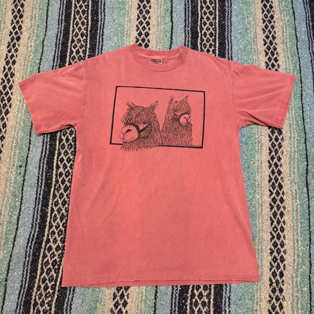 Vintage Oneita ColorWear Llama Alpaca Graphic T-Shirt Rose Pink Cotton Womens M
